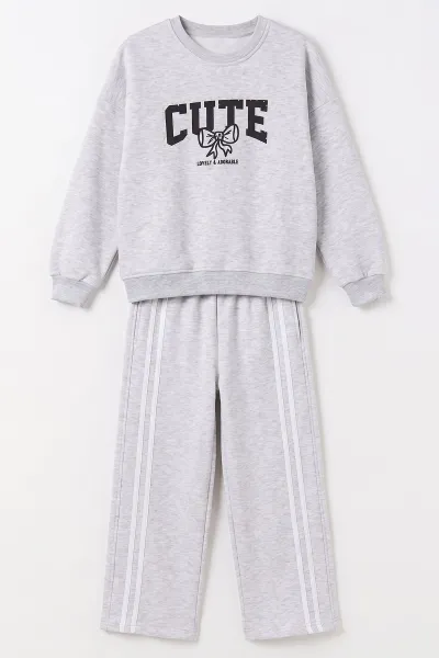 Gri (9-13  Yaş) Cute Taş Baskılı   3 İp Şardonlu Kız Çocuk Kışlık Takım 493982