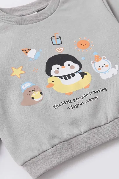 Gri (9-18 Ay) Penguen Baskılı İki İp Kız Bebek İkili Takım 495732