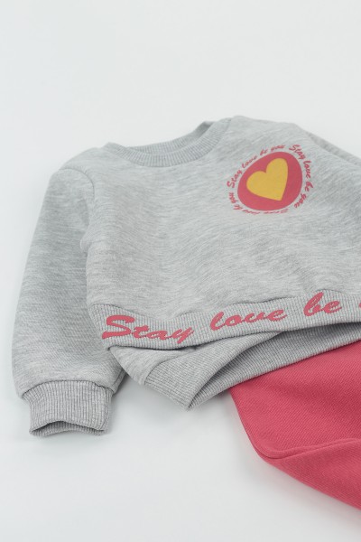 Gri (9-24 Ay) Stay Love Kalp Baskılı Üç İp Şardonlu Kız Çocuk Takım 136612