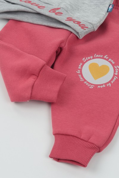 Gri (9-24 Ay) Stay Love Kalp Baskılı Üç İp Şardonlu Kız Çocuk Takım 136612