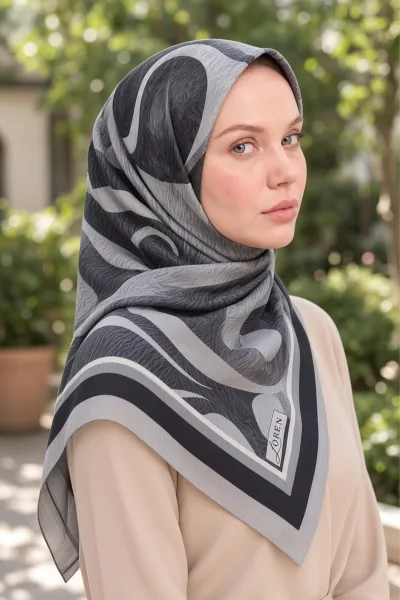 Gri 90x90 Cm Dijital Baskılı Armonia Desen Soft Eşarp 498626