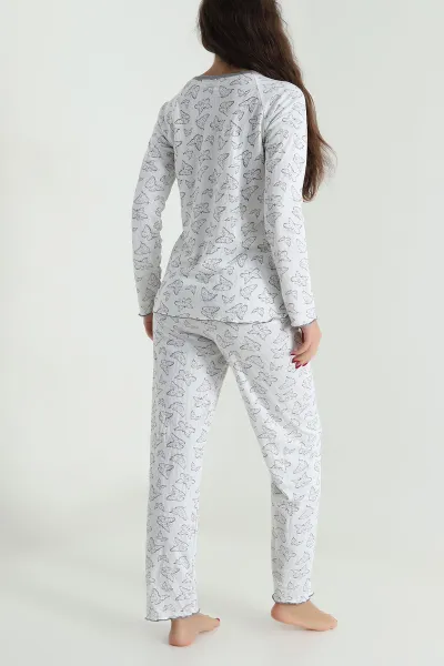 Gri Armut Yaka Fitilli Kadın Pijama Takımı 494677