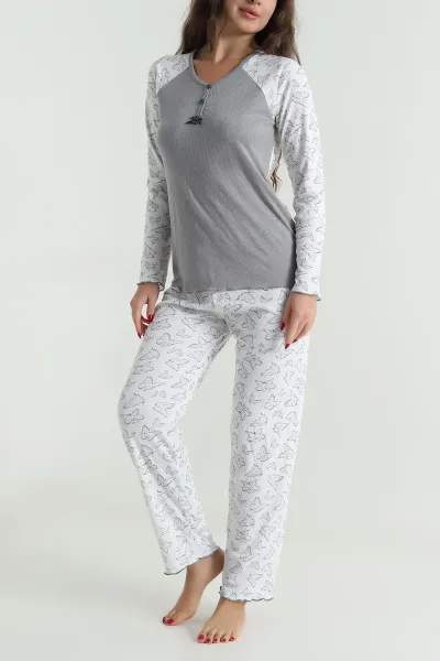 Gri Armut Yaka Fitilli Kadın Pijama Takımı 494677