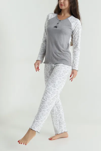 Gri Armut Yaka Fitilli Kadın Pijama Takımı 494677