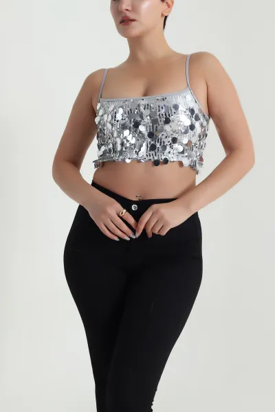 Gri Askılı Pullu Kadın Bluz 483181