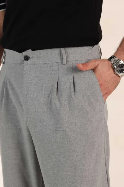 Gri Baggy Bel Arkası Lastikli Çift Pile Detaylı Erkek Kumaş Pantolon 366312
