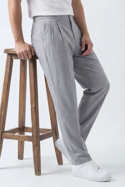 Gri Baggy Çift Pile Detaylı Bel Arkası Lastikli Erkek Kumaş Pantolon 449749