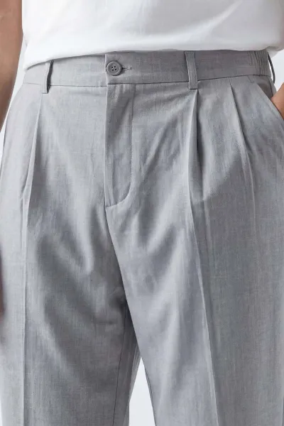 Gri Baggy Çift Pile Detaylı Bel Arkası Lastikli Erkek Kumaş Pantolon 449749