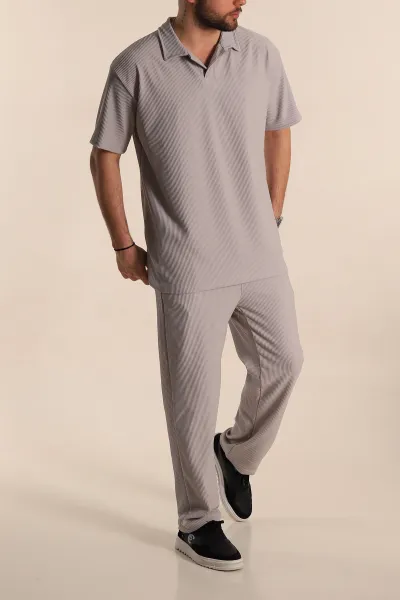 Gri Baggy Jakarlı Polo Yaka Tişörtlü Eşofman Takımı 269186