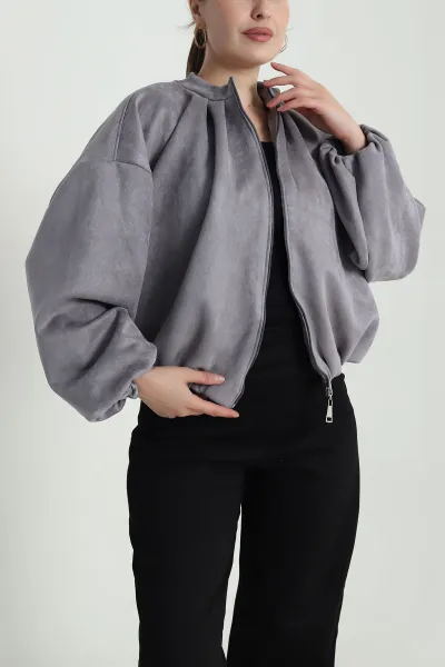 Gri Balon Bomber Kadın Süet Mont 484002