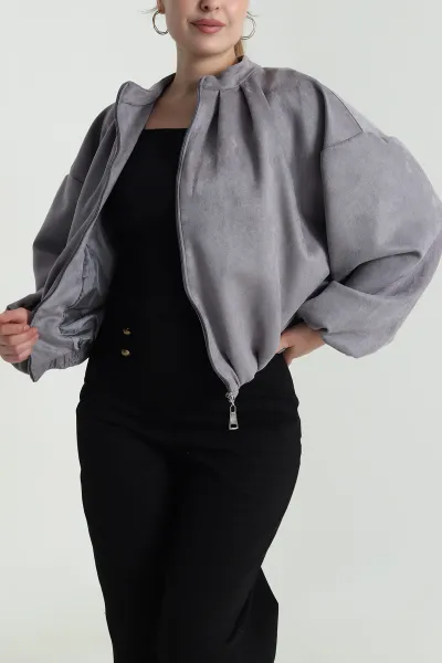 Gri Balon Bomber Kadın Süet Mont 484002