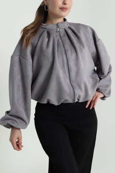 Gri Balon Bomber Kadın Süet Mont 484002