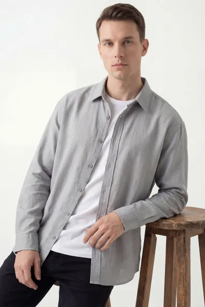 Gri Bambu Keten Oversize Erkek Gömlek 449841