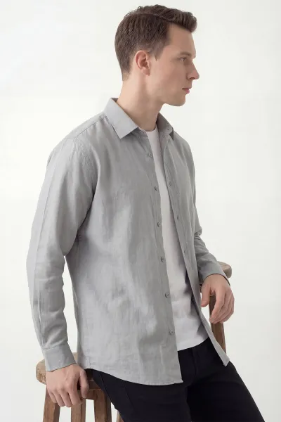 Gri Bambu Keten Oversize Erkek Gömlek 449841