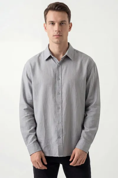 Gri Bambu Keten Oversize Erkek Gömlek 449841