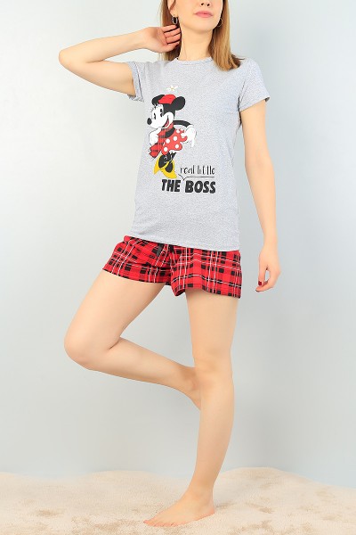Gri Baskılı Bayan Şort Pijama Takımı 67014