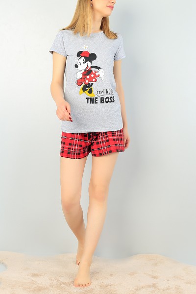 Gri Baskılı Bayan Şort Pijama Takımı 67014