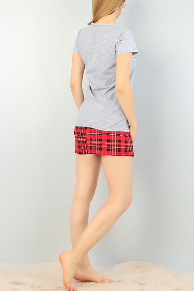 Gri Baskılı Bayan Şort Pijama Takımı 67014