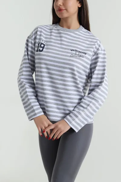 Gri Baskılı Çizgili Tasarım Kadın Sweat 493809