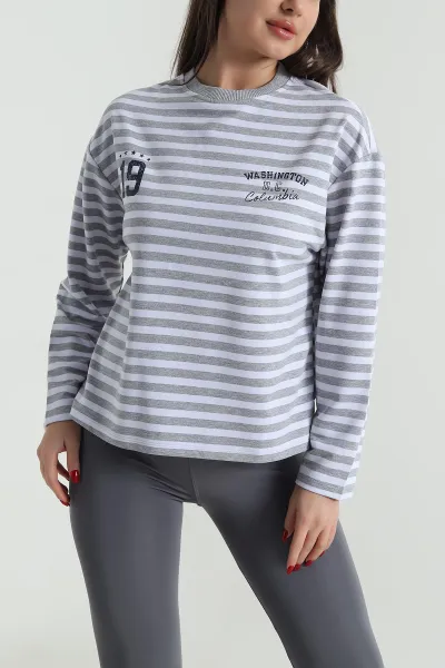 Gri Baskılı Çizgili Tasarım Kadın Sweat 493809