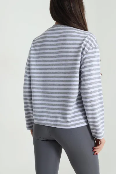 Gri Baskılı Çizgili Tasarım Kadın Sweat 493809
