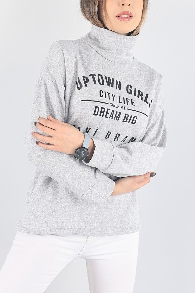 Gri Baskılı İçi Şardonlu Bayan Sweat 88349
