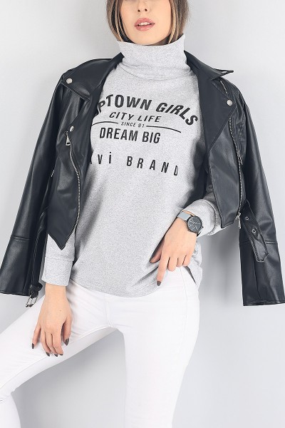 Gri Baskılı İçi Şardonlu Bayan Sweat 88349