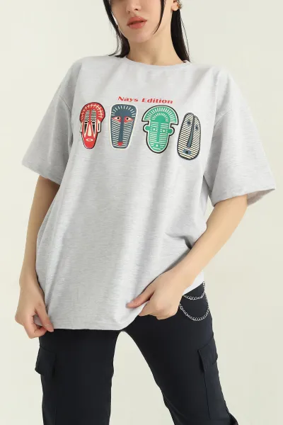 Gri Baskılı İki İp Kadın Oversize Tişört 356685