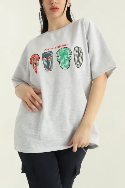 Gri Baskılı İki İp Kadın Oversize Tişört 356685