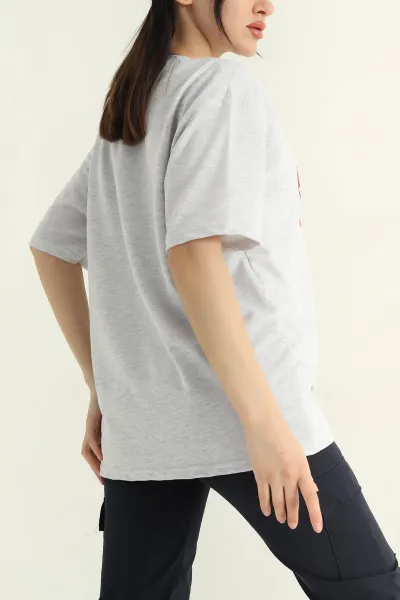 Gri Baskılı İki İp Kadın Oversize Tişört 356685