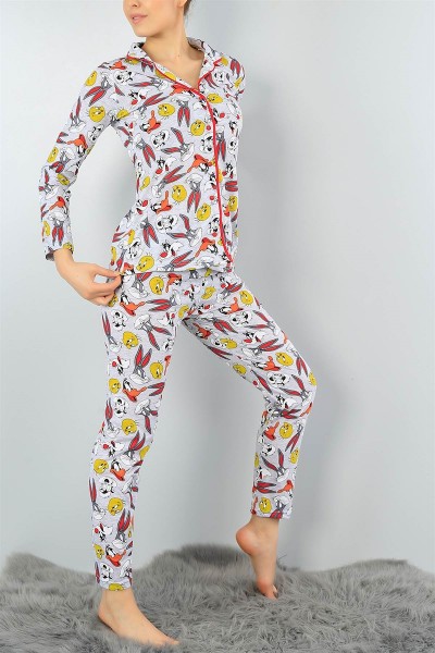 Gri Baskılı Likralı Bayan Pijama Takımı 45800