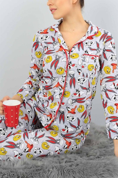 Gri Baskılı Likralı Bayan Pijama Takımı 45800