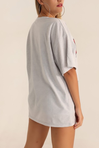 Gri Baskılı Nakışlı Oversize Tişört 192586