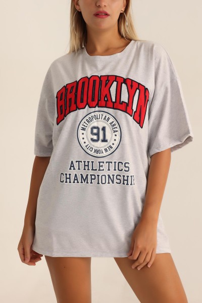 Gri Baskılı Nakışlı Oversize Tişört 192586