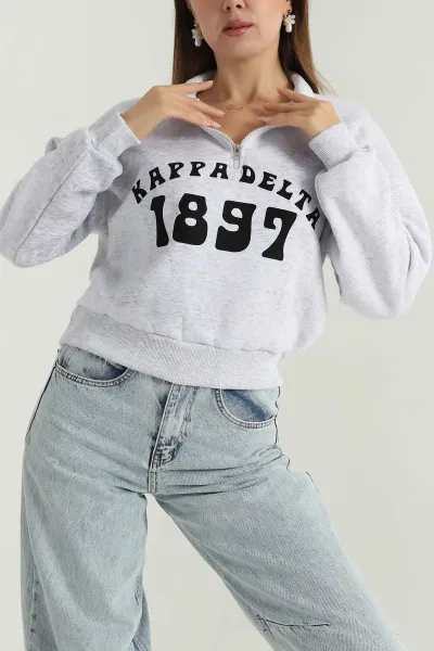 Gri Baskılı Şardonlu Kadın Fermuarlı Sweat 396482