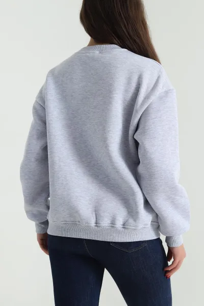 Gri Baskılı Şardonlu Üç İp Kadın Sweat 491695