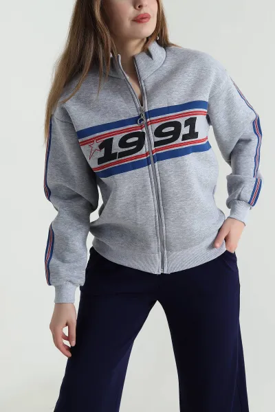 Gri Baskılı Şardonlu Üç İp Kadın Sweat 494880