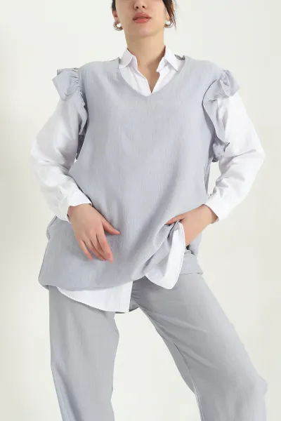 Gri Bel Lastikli Kolları Büzgülü Aerobin Kadın Üçlü Takım 345438