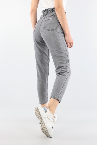 Gri Beli Lastikli Mom Bayan Kot Pantolon 88606