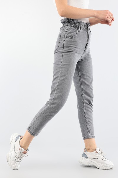 Gri Beli Lastikli Mom Bayan Kot Pantolon 88606