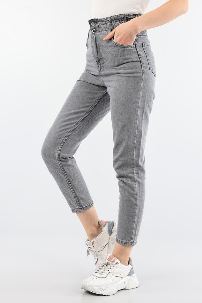 Gri Beli Lastikli Mom Bayan Kot Pantolon 88606