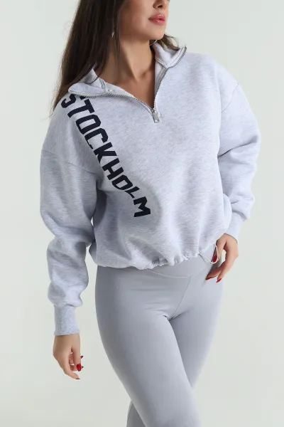 Gri Beli Sıkmalı Şardonlu Kadın Fermuarlı Sweat 492617