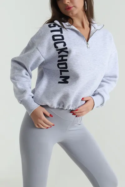 Gri Beli Sıkmalı Şardonlu Kadın Fermuarlı Sweat 492617