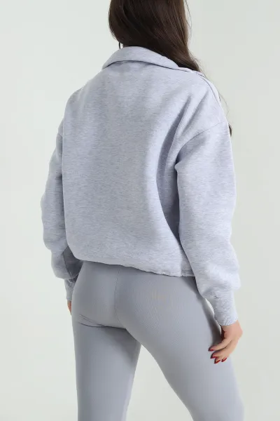 Gri Beli Sıkmalı Şardonlu Kadın Fermuarlı Sweat 492617