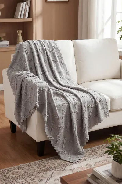 Gri Bella Home 175x215 Cm Desenli Sakallı Koltuk Örtüsü 439752