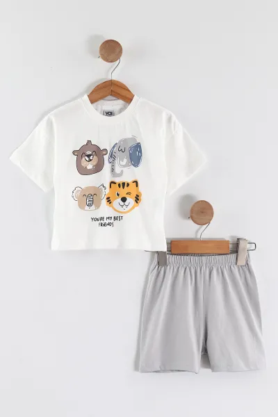 Gri Beyaz (0-4 Yaş) Fil ve Koala Baskılı Şortlu Erkek Çocuk Yazlık Takım 459847