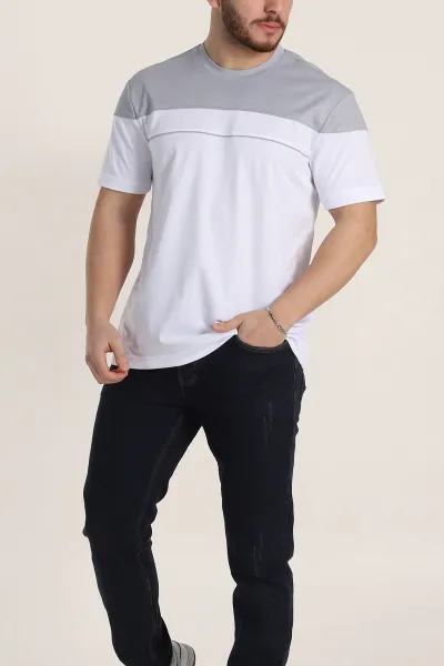 Gri Beyaz Çift Renk Regular Fit Jakarlı Erkek Tişört 346249