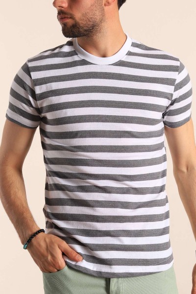 Gri Beyaz Çizgili Regular Fit Erkek Tişört 188015