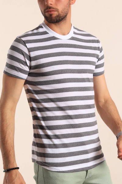 Gri Beyaz Çizgili Regular Fit Erkek Tişört 188015