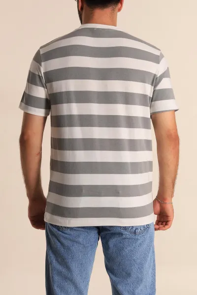 Gri Beyaz Çizgili Relaxed Fit Erkek Triko Tişört 279243
